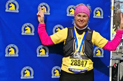 Birgit Kroha als Finisherin beim Boston-Marathon. Foto: privat