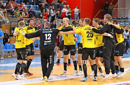 Jubelkreis: Die Coburger Handballer feiern einen  hochverdienten Auswärtserfolg beim bisher ungeschlagenen VfL Potsdam Foto: Iris Bilek