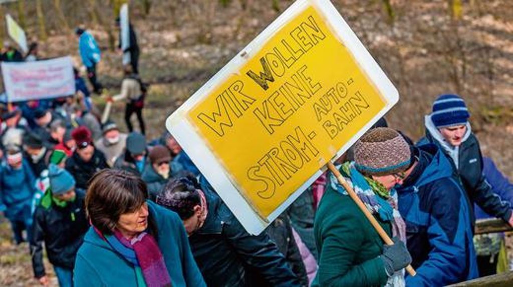 Protestzug gegen die 380-kV-Stromleitung zwischen Thüringen und Bayern in Weißenbrunn vorm Wald im Landkreis Coburg: Viele Bürger wenden sich gegen die "Strombrücke", die Politik und Netzbetreiber im Zuge der Energiewende für unverzichtbar halten.