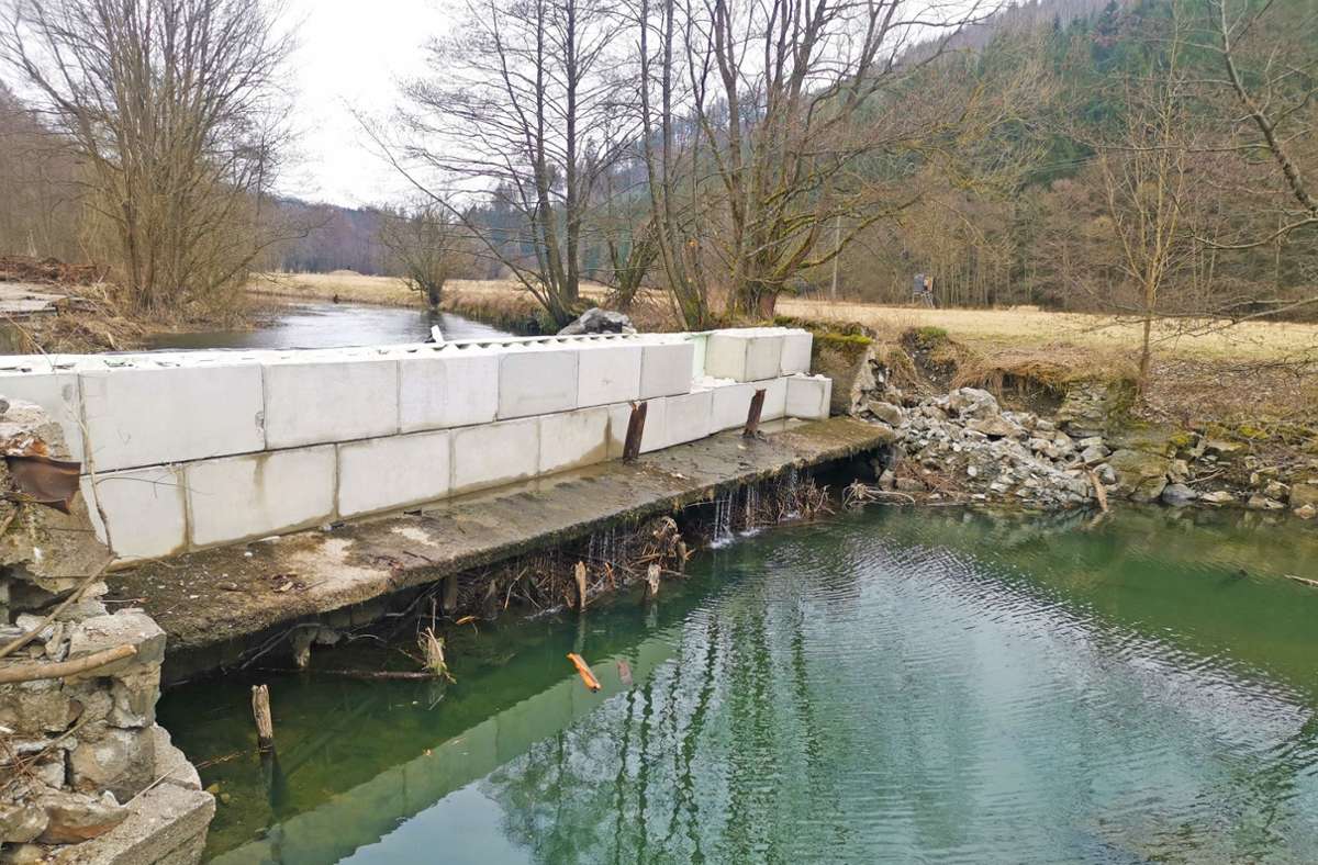 Dieser Damm hält seit Mitte März die Wassermassen in Schach und ermöglicht damit die Reinigungsarbeiten.