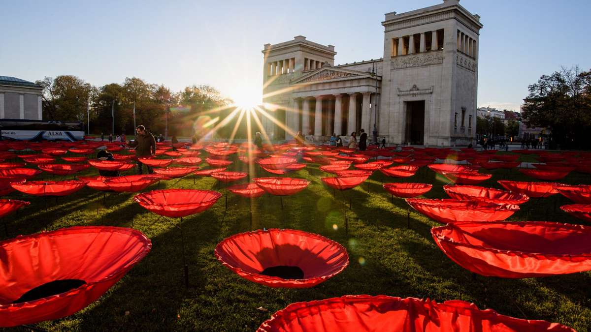 München: Kunstaktion am Königsplatz: 3000 Mohnblumen für den Frieden