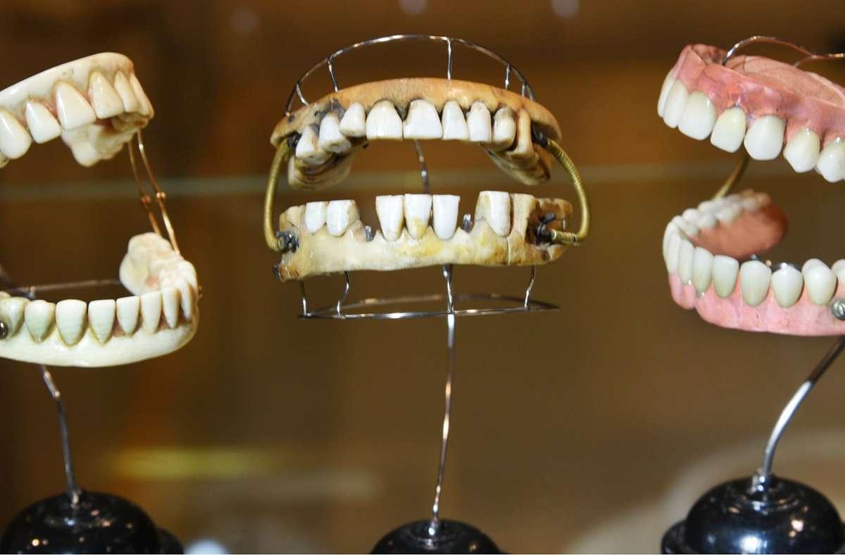 Vorsicht vor menschlichen Gebissen: Im Colditzer Dentalmuseum (Sachsen) sind in einer Vitrine Zahnprothesen zu sehen.