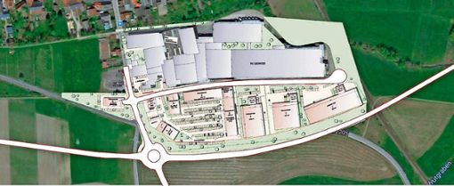 Nach den Vorstellungen des Planers könnte das neue Gewerbegebiet im Süden von Wiesenfeld diese Formen annehmen. Foto: Gemeinde Meeder